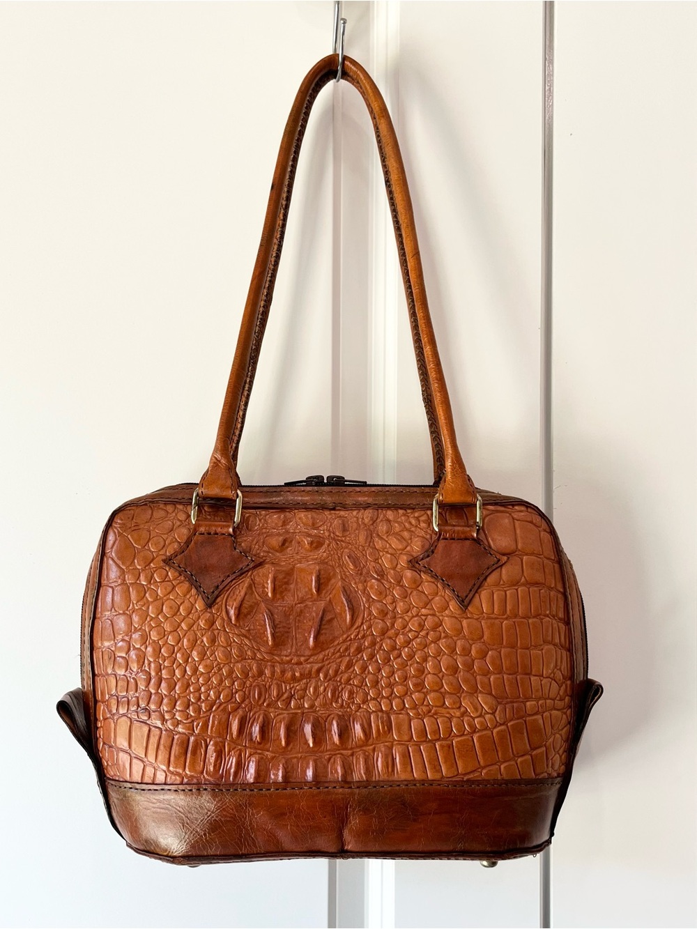 Leather Croc-Embossed Satchel Bag in Cognac Zipper Closure